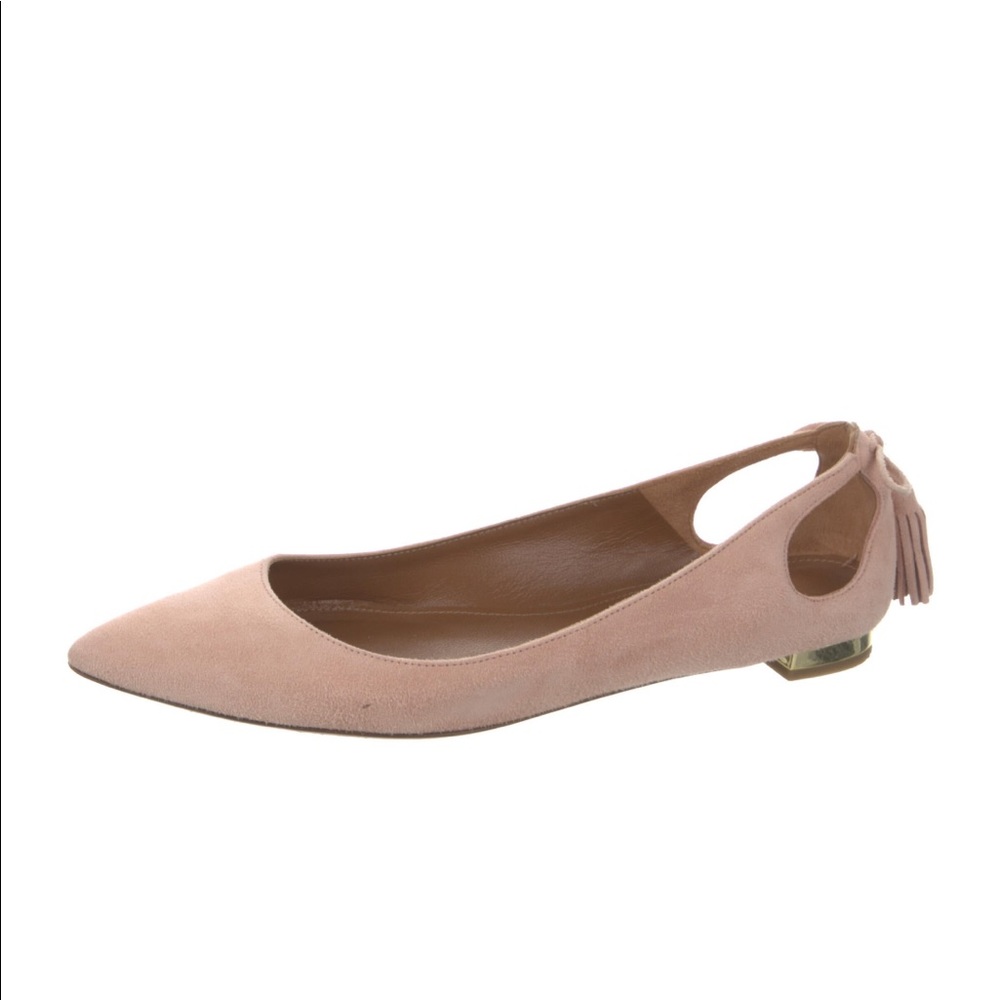 Aquazzura Forever Marilyn Pink Suede Tassel Cut Out Pointy Toe Flats 36